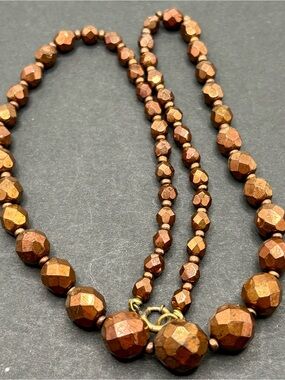 Vintage Bronze Faceted Glass Bead Necklace Graduated Metallic Copper Choker 16"